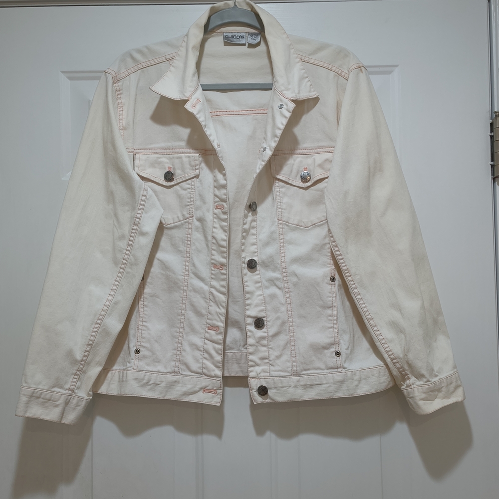 Chicos Light Pink With Contrast Stitching Denim Jacket Size Large
